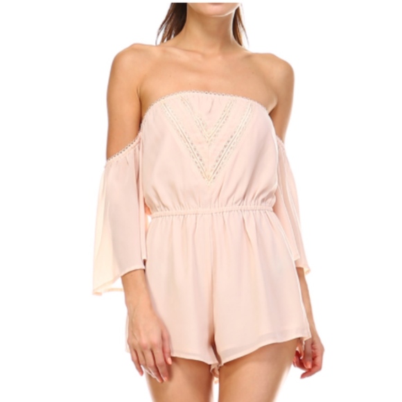 Light Peach Off the Shoulder Angel Sleeve Romper - Picture 1 of 2